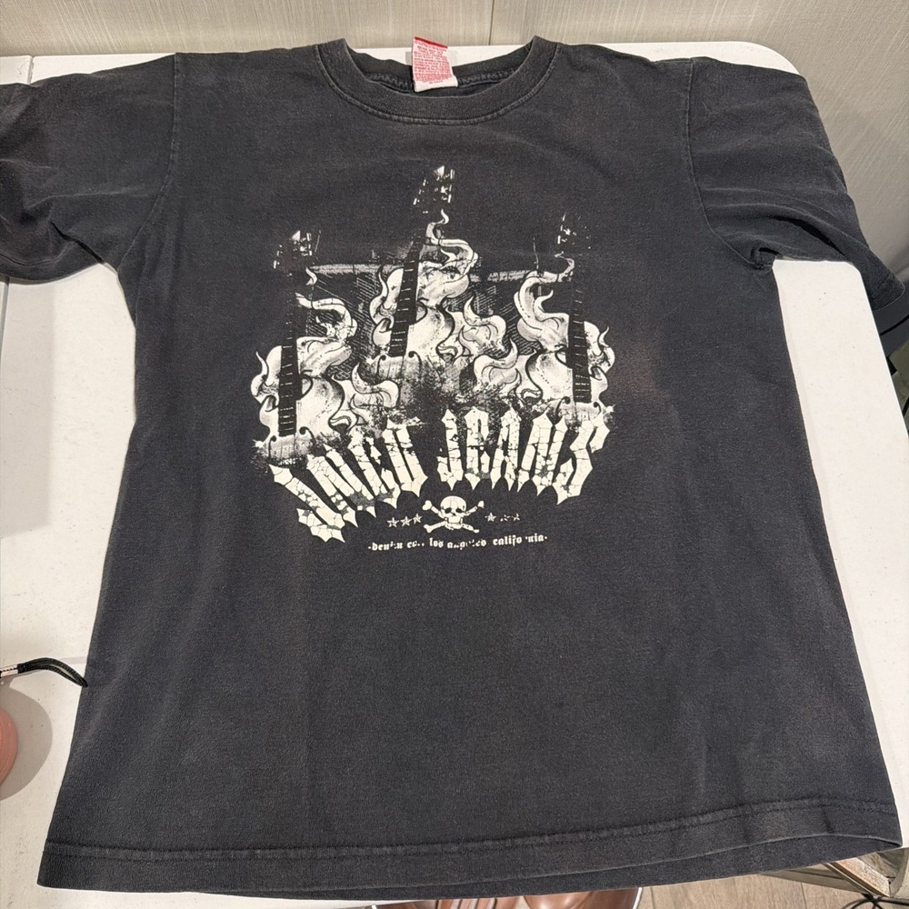 Vtg JNCO Jeans Black Graphic T-shirt Flaming Guitars Skull Size Large READ